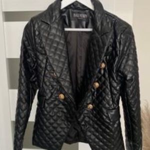 Black faux leather blazer with gold buttons